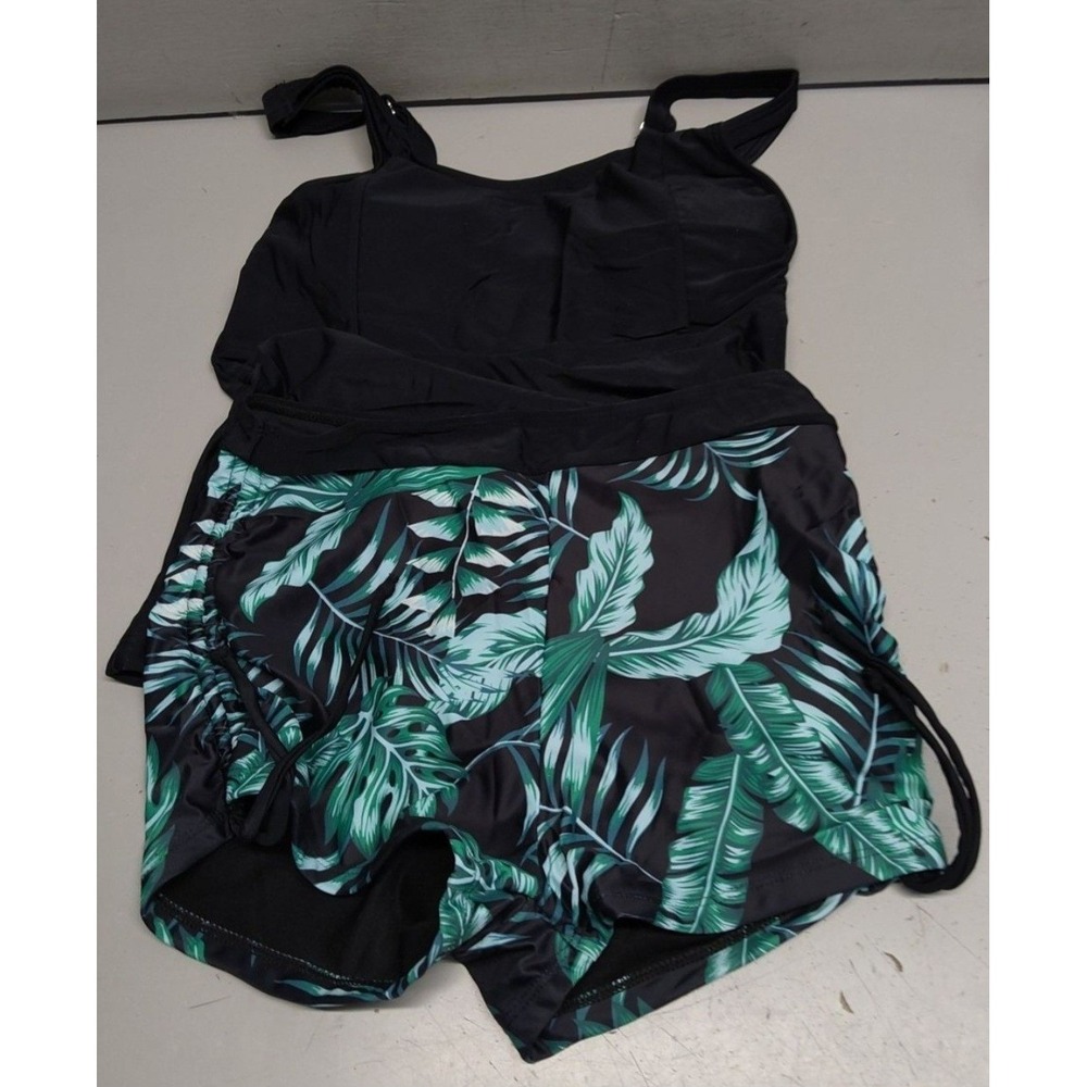Girls tankini 2 piece swimsuit tropical black and green board shorts 15-16 - Picture 4 of 5